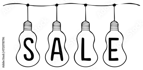 Hand drawn doodle light bulbs spelling SALE hanging on a string for promotion announcement