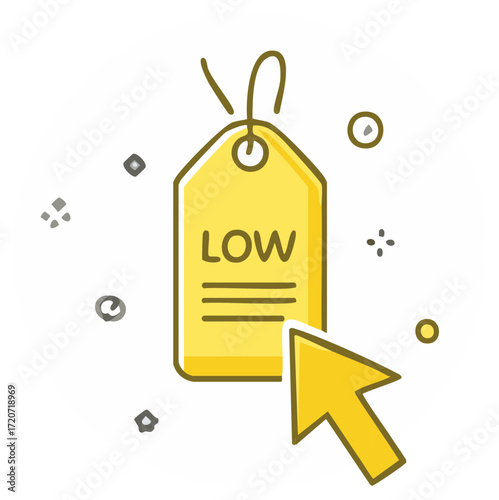 Mouse cursor pointing at a yellow low price tag symbol for online shopping and discounts