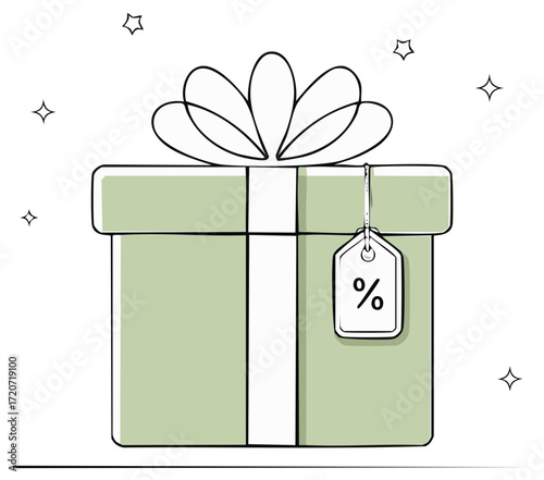 Hand-drawn illustration of a gift box with a ribbon and a percentage discount tag