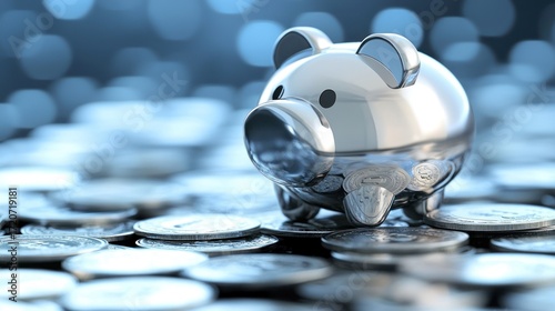 Fototapeta Naklejka Na Ścianę i Meble -  A shiny, reflective piggy bank with coins around it.