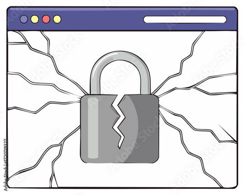 Cyber security failure concept with a broken padlock shattering a computer browser window illustration
