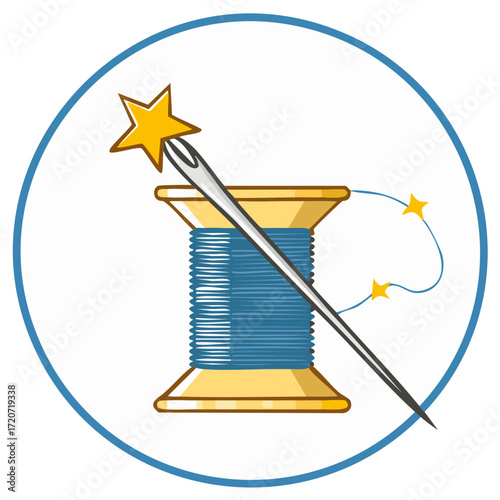 Magical sewing needle with golden star and blue thread spool creative craft icon illustration