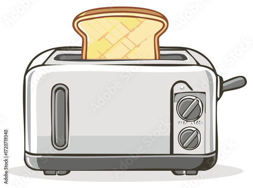 Stylish silver kitchen toaster with warm golden bread slice popping out for breakfast meal