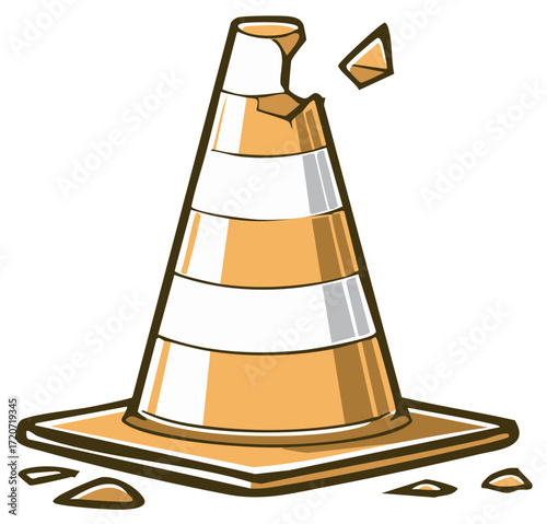 Damaged Traffic Cone with Falling Debris Stripped Safety Marker Roadside Hazard Icon