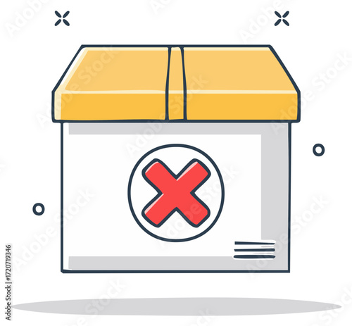 Cartoon illustration of cardboard box marked with a red cross symbol to indicate incorrect goods or package rejection