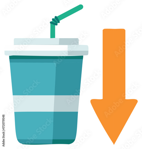 Vector graphic of a blue drink cup with a straw and orange arrow pointing down, symbolizing decrease or decline.