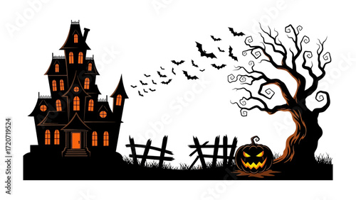 Spooky Halloween Scene: A digitally enhanced silhouette of a haunted house, complete with ominous details, set against a foreboding backdrop.