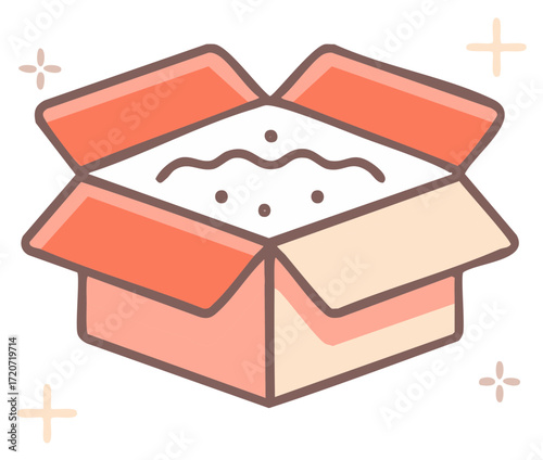 Pastel colored open package box with a wavy white texture inside surrounded by gentle magical sparkles