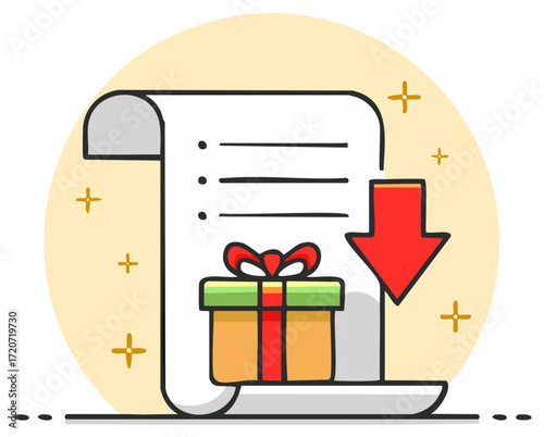 Online order list with gift box and download arrow for special promotion