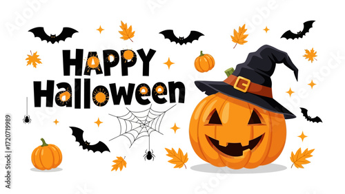Festive Halloween Greeting: A whimsical and eye-catching Halloween illustration featuring a grinning pumpkin wearing a witch hat, alongside festive decorations like bats, spiderwebs.