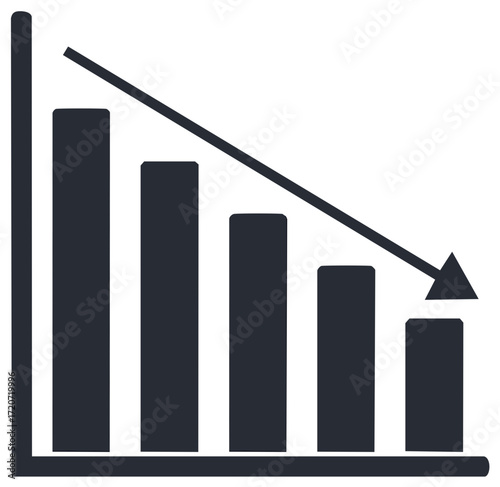 Graph bar chart showing downward trend and decline with arrow pointing down