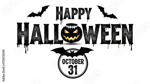 Happy Halloween Emblem: An elegant, spooky Halloween emblem with bat and grinning Jack-o'-lantern pumpkin, capturing the essence of the spirited, ghostly holiday.