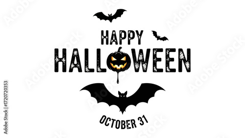 Halloween Celebration: A festive Halloween composition, incorporating a spooky pumpkin, bats, and the celebratory text Happy Halloween, all set against a clean backdrop.