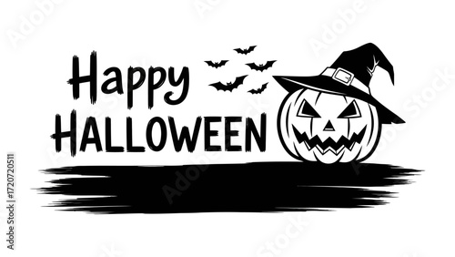 Spooky Halloween Design: A graphic illustration embodies the spirit of Halloween, with a grinning jack-o'-lantern wearing a witch's hat, accompanied by fluttering bats and festive lettering. 