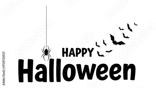 Happy Halloween Spookiness: A chillingly cheerful Halloween illustration featuring a spooky spider and bats, against the backdrop of a clear night sky, creating a perfect blend of fun and fright.