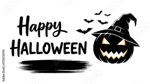 Spooky Halloween Greeting: A festive design featuring a grinning jack-o'-lantern wearing a witch's hat, accompanied by bats and the words Happy Halloween, perfect for seasonal celebrations. 