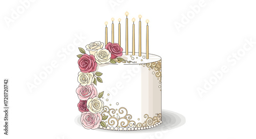 Elegant white birthday cake adorned with pink and white roses and gold candles.