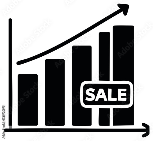 Black and white illustration showing increasing sales on a graph