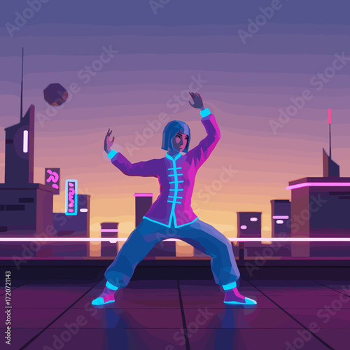 Futuristic male martial artist practicing in vibrant cityscape at dusk  