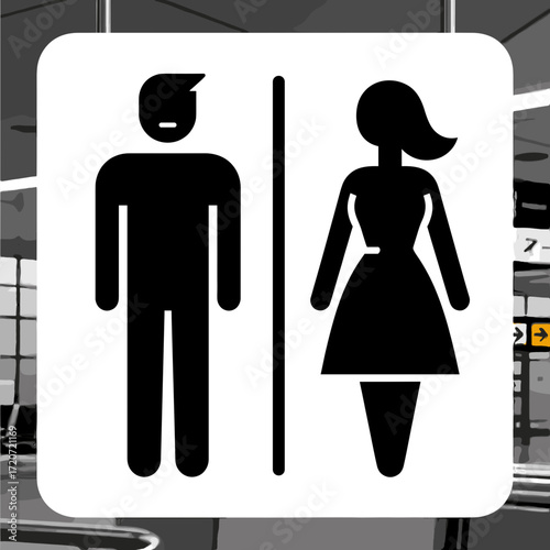Male and female restroom sign in modern airport interior  