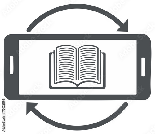 Smartphone with open book and circular arrows for e-learning or digital library concept