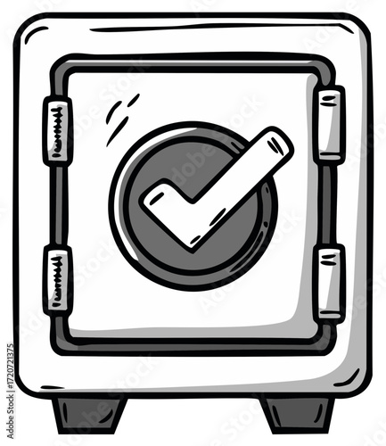 Secure safe box with a checkmark inside a circle emblem symbolizing approval or verification