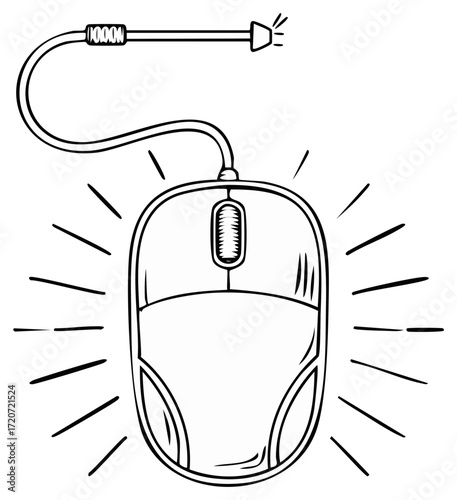 Hand Drawn Wired Computer Mouse with Lines Emanating Black and White Illustration