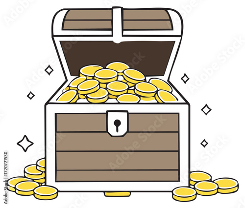 Opened treasure chest overflowing with golden coins, sparkling diamonds and treasure