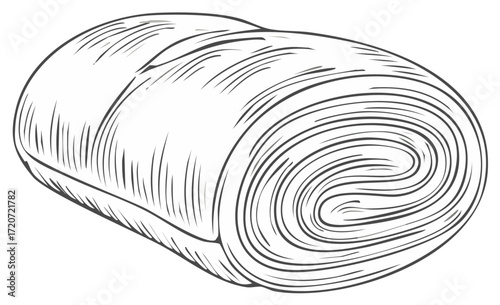 Detailed sketch of a rolled pastry with flaky layers and swirling texture