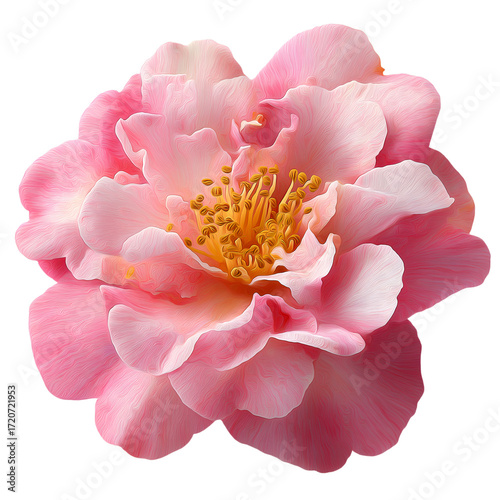High-resolution close-up of a soft pink camellia/peony flower with layered petals and yellow stamens, isolated