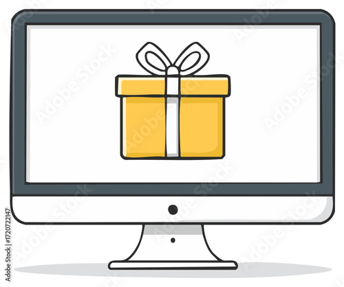 Computer monitor with gift icon. Screen displaying yellow present box with white ribbon and bow. Illustration, vector.