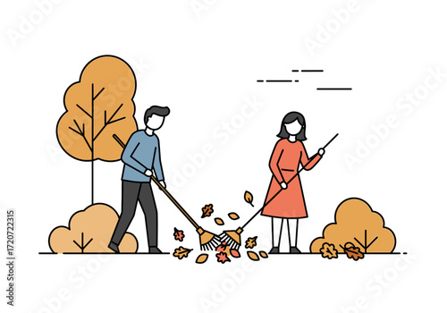 Two people raking autumn leaves in a park during fall  