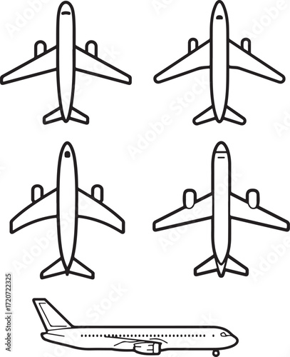 Minimalist Airplane Line Art – Top-Down and Side View Aircraft Illustrations
