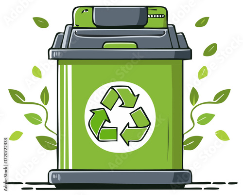 Green recycle bin with recycle symbol and falling leaves for environmental conservation cartoon