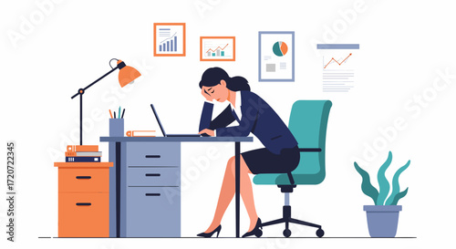 Businesswoman looking stressed while working on laptop at desk  