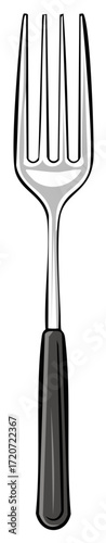 Detailed silver fork illustration with black handle in vertical view