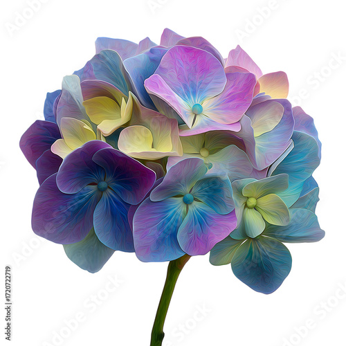 High-resolution close-up of a pastel pink–lavender hydrangea (mophead) with layered petals forming a full cluster, isolated