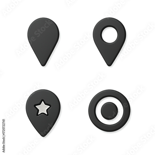 A collection of four distinct black 3D map pin icons for location, navigation, and destination marking on a white background.