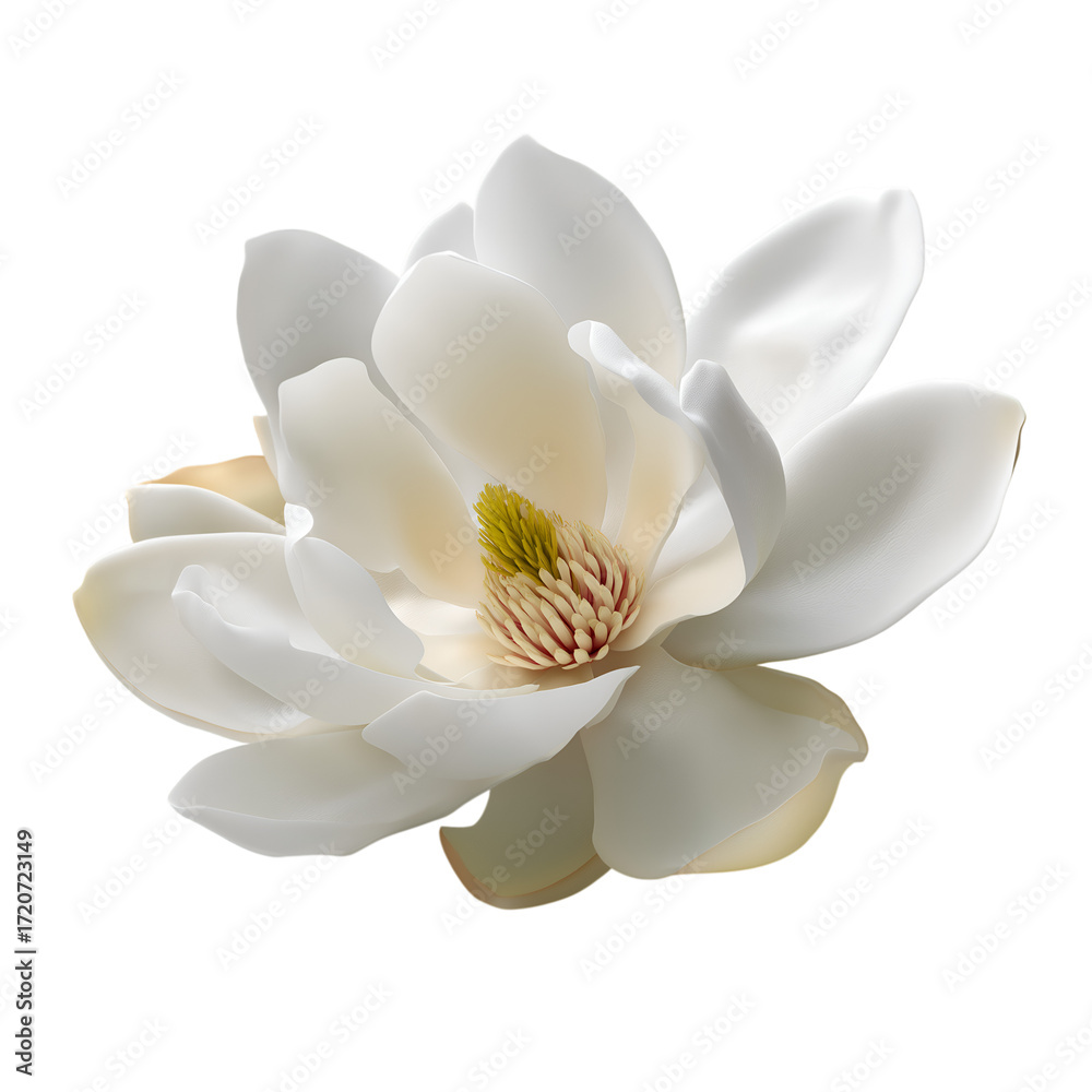 Obraz premium High-resolution close-up of a white magnolia flower with layered creamy-ivory petals and golden stamens, isolated