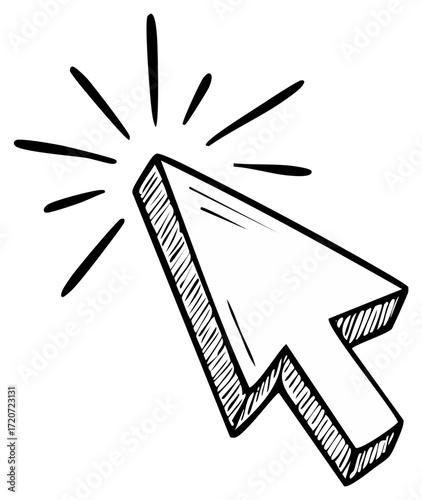 Hand drawn computer mouse cursor arrow clicking with radiating lines doodle sketch