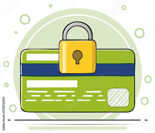 Credit card security concept, padlock on a credit card cartoon illustration.