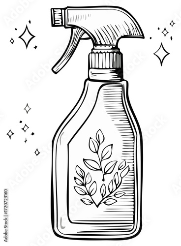 Natural Cleaning Spray Bottle Outline with Botanical Label and Shine Elements