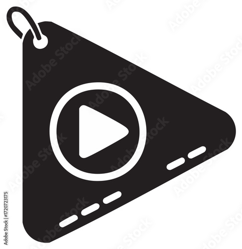 Black triangle tag with play button icon and loop symbol graphic