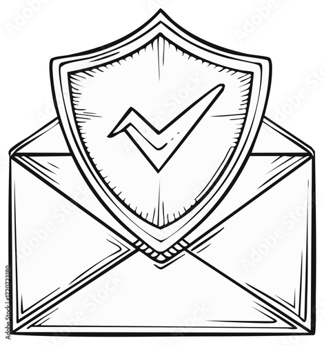 Secured Message Hand Drawn Illustration Envelope with Shield and Check Mark