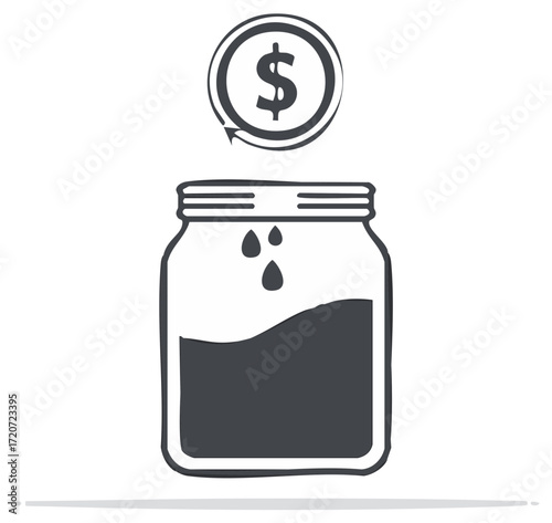 Financial savings and investment return concept with dollar coin dropping into a hand drawn glass money jar