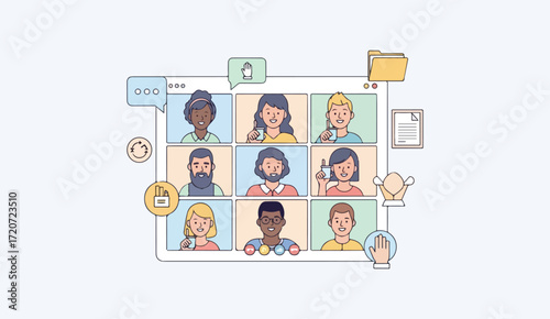 Diverse team collaborating in a virtual meeting via video conference.