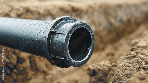 Black plastic pipe end visible in a trench with dirt background.