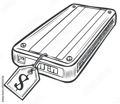 Cartoon Illustration of External Hard Drive with Price Tag for Promotion of Electronic Devices