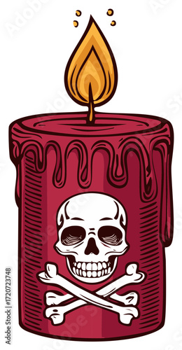 Spooky Red Candle with Skull and Crossbones Symbol Illustration for Halloween
