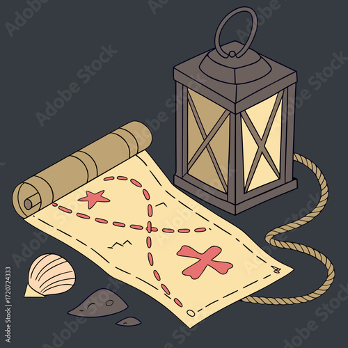Illustration of a vintage lantern, a treasure map, a shell, and a stone, perfect for themes related to exploration, pirates, and historical quests